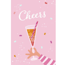 Illustrierte Grußkarte mit einem Sektglas in einer Hand und dem Schriftzug Cheers als festliches Motiv für Anlässe.