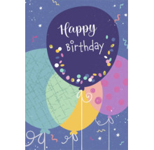 Geburtstagskarte mit verschiedenen illustrierten Luftballons und dem Schriftzug Happy Birthday.