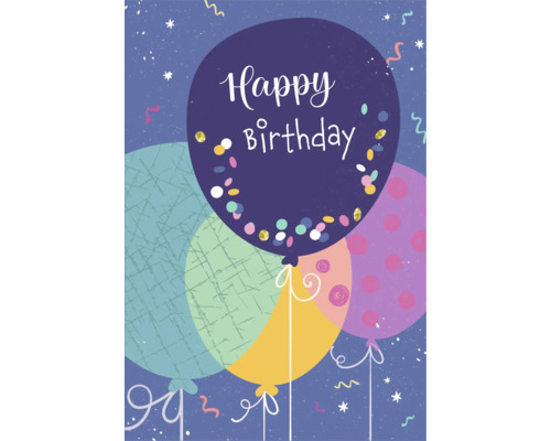 Geburtstagskarte mit verschiedenen illustrierten Luftballons und dem Schriftzug Happy Birthday.