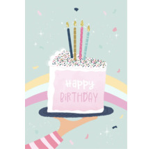 Illustriertes Geburtstagskuchenmotiv mit Kerzen und Schriftzug Alles Gute zum Geburtstag auf einem Tablett gehalten