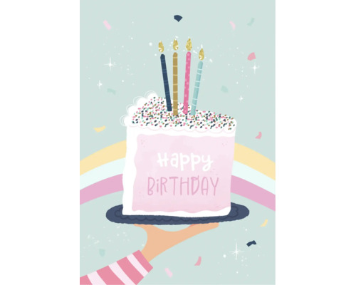 Illustriertes Geburtstagskuchenmotiv mit Kerzen und Schriftzug Alles Gute zum Geburtstag auf einem Tablett gehalten