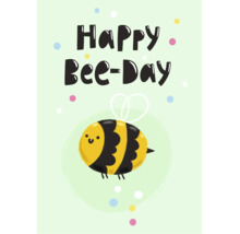 Grußkarte mit der Aufschrift Happy Bee-Day und einer illustrierten Biene.