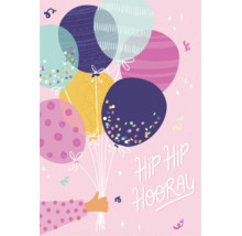 Geburtstagskarte mit Illustration von Luftballons und dem Schriftzug Hip Hip Hooray