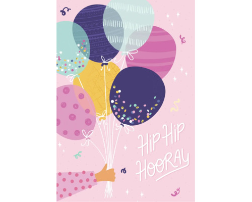 Geburtstagskarte mit Illustration von Luftballons und dem Schriftzug Hip Hip Hooray