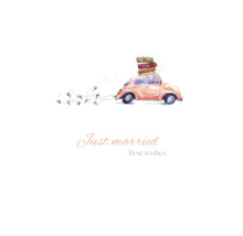 Aquarell Grußkarte mit einem Auto und der Aufschrift Just married Best wishes für Hochzeiten