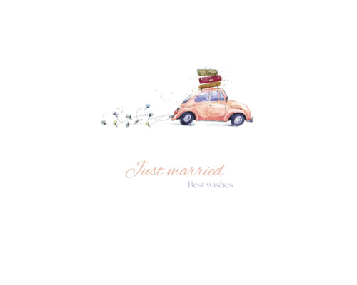 Aquarell Grußkarte mit einem Auto und der Aufschrift Just married Best wishes für Hochzeiten