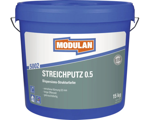 Modulan Streichputz 5002 in 15 Kilogramm Eimer, Dispersionsstrukturfarbe mit 0,5 Millimeter Körnung, gebrauchsfertig und emissionsarm.