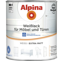 Alpina Weißlack für Möbel und Türen extra matt in weißer Dose mit Informationen zur Anwendung und Umweltzeichen Blauer Engel.