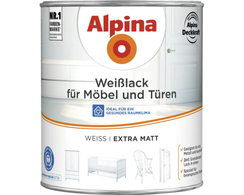 Alpina Weißlack für Möbel und Türen extra matt in weißer Dose mit Informationen zur Anwendung und Umweltzeichen Blauer Engel.