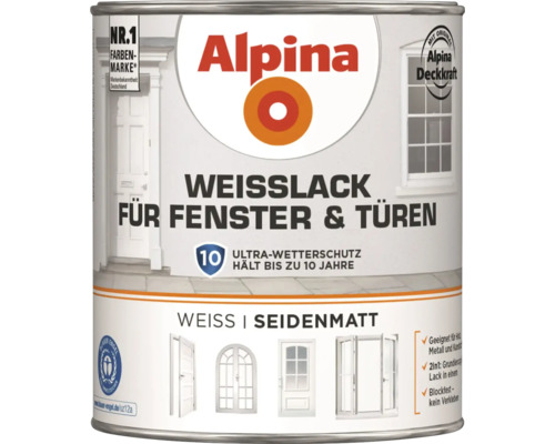 Dose Alpina Weisslack für Fenster und Türen seidenglänzend für Holz Metall und Kunststoff mit zehn Jahren Wetterschutz