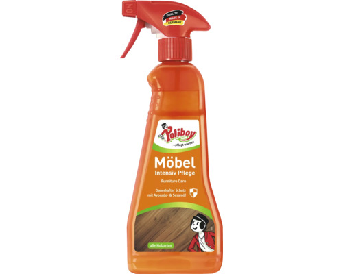 Poliboy Möbel Intensiv Pflege Sprühflasche zur intensiven Möbelpflege und zum Schutz von Holzoberflächen mit Avocado- und Sesamöl.