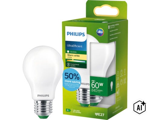 Philips UltraEfficient LED Lampe 4 Watt E27, warmweißes Licht 2700 Kelvin, 840 Lumen, ersetzt 60 Watt Glühbirne. (Image AI modified or generated)