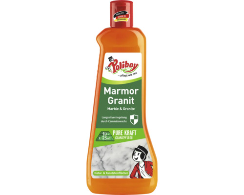 Poliboy Marmor und Granit Pflege für Natur und Kunststein, Flasche zur Reinigung und Versiegelung von Steinflächen mit Carnaubawachs.