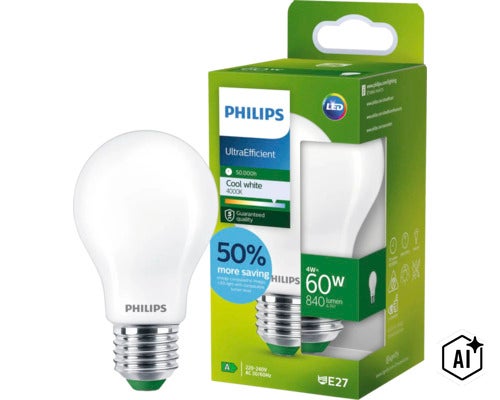 Philips LED Lampe E27, 4 Watt ersetzt 60 Watt, 840 Lumen, 4000 Kelvin, neutralweiß, Energieeffizienzklasse A, langlebig mit 50.000 Stunden. (Image AI modified or generated)