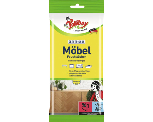 Poliboy Möbel Feuchttücher Clever Care zur Reinigung und Pflege von Holzoberflächen, Packung mit Kunststoff, Made in Germany.