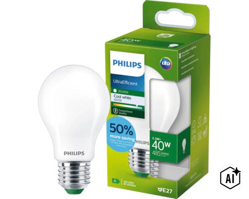 Philips UltraEfficient LED Lampe, E27 Sockel, 2,3 Watt ersetzt 40 Watt, 485 Lumen, neutralweißes Licht 4000 Kelvin, langlebig. (Image AI modified or generated)