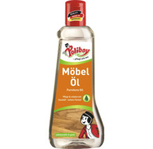 Poliboy Möbel Öl für die Pflege und den Schutz von Möbeln aus unbehandeltem und geöltem Holz in einer Kunststoffflasche.