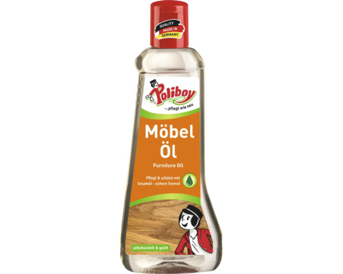 Poliboy Möbel Öl für die Pflege und den Schutz von Möbeln aus unbehandeltem und geöltem Holz in einer Kunststoffflasche.