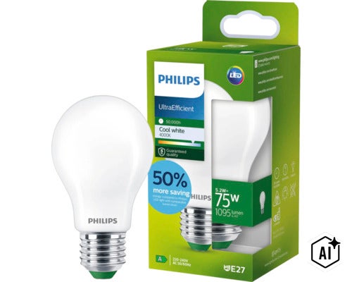 Philips UltraEfficient LED Lampe E27 5,2 Watt 1095 Lumen 4000 Kelvin kaltweißes Licht in der Produktverpackung (Image AI modified or generated)