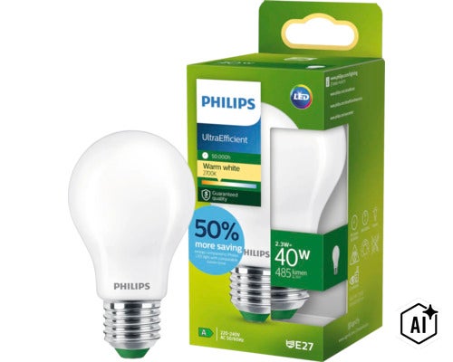Philips LED Lampe UltraEfficient E27, 2,3 Watt entspricht 40 Watt, 485 Lumen, warmweißes Licht 2700 Kelvin, 50000 Stunden Lebensdauer (Image AI modified or generated)