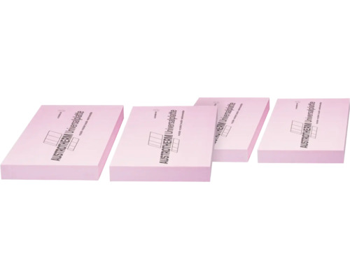 Vier Austrotherm Universalplatten zur Wärmedämmung aus extrudiertem Polystyrol Hartschaum für verschiedene Einsatzbereiche.