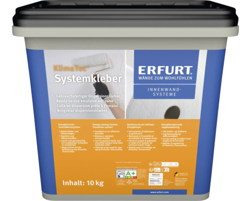 Eimer mit Erfurt KlimaTec Systemkleber zum Verkleben von Thermovlies, 10 Kilogramm gebrauchsfertiger Dispersionskleber für Innenwandsysteme.