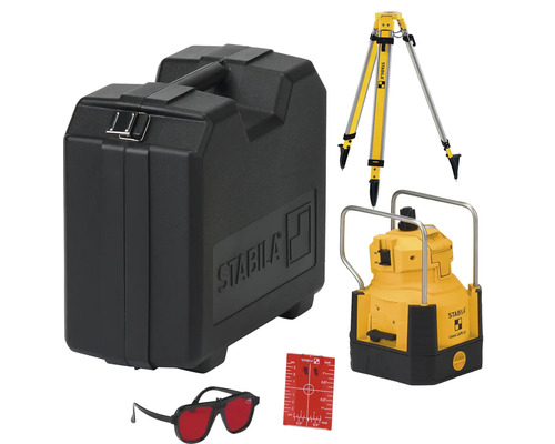 Stabila Rotationslaser Set LAPR 150 mit Stativ, Zielplatte, Laserbrille und Transportkoffer.