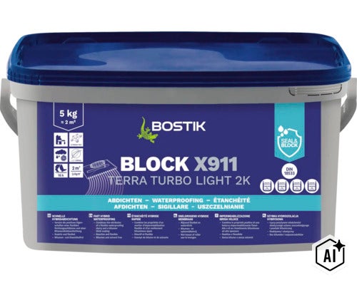 Bostik Block X911 Terra Turbo Light 2K Hybridabdichtung im 5 Kilogramm Eimer für Abdichtungsarbeiten am Bau. (Image AI modified or generated)