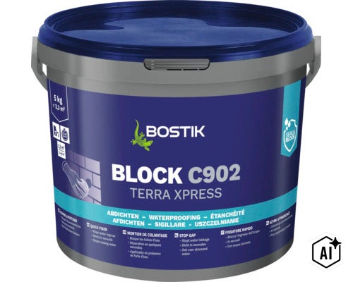Bostik Block C902 Terra Xpress Schnellfestiger Eimer 5 Kilogramm zur Abdichtung bei Wassereinbrüchen (Image AI modified or generated)