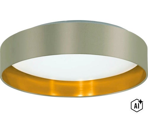 Runde LED Deckenleuchte mit mattem Gehäuse und goldfarbenem Innenring für eine wohnliche Beleuchtung. (Image AI modified or generated)
