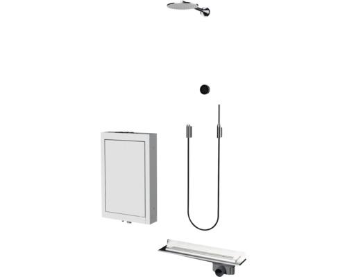 Unterputz Duschsystem mit Kopfbrause, Handbrause, Einhebelmischer und Duschrinne für eine moderne Badgestaltung