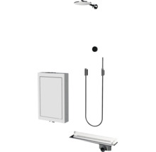 Duschsystem bestehend aus Unterputz-Installationsbox, Kopfbrause, Handbrause mit Schlauch und Duschrinne für eine moderne Badgestaltung.