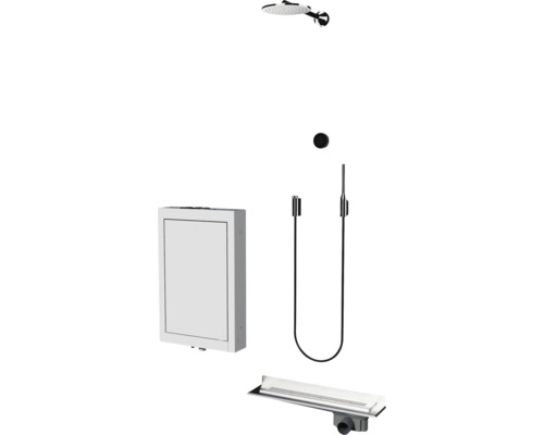 Duschsystem bestehend aus Unterputz-Installationsbox, Kopfbrause, Handbrause mit Schlauch und Duschrinne für eine moderne Badgestaltung.