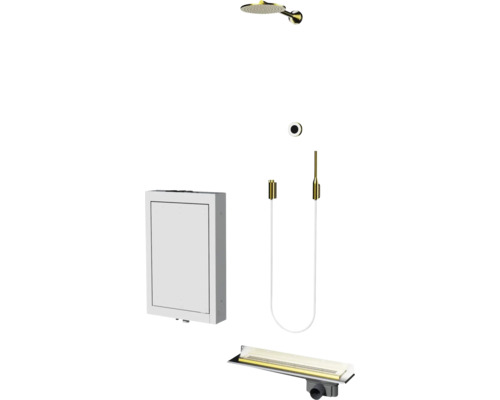 Unterputz Duschset mit Kopfbrause, Handbrause, Einbaubox und Duschrinne in Metalloptik