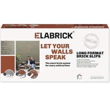 Verpackung von Elabrick Langformat Riemchen mit Abbildungen zur Anwendung und einem Paar vor einer mit Riemchen verkleideten Wand.