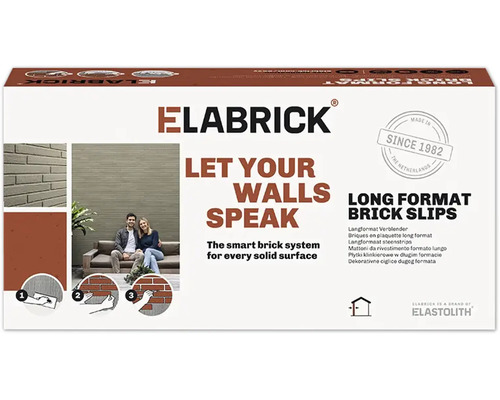 Verpackung von Elabrick Langformat Riemchen mit Abbildungen zur Anwendung und einem Paar vor einer mit Riemchen verkleideten Wand.