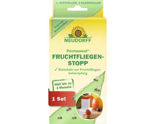 Neudorff Permanent Fruchtfliegen Stopp mit 1 Aufsteller und 2 Klebefallen zur insektizidfreien Bekämpfung von Fruchtfliegen für 3 Monate.