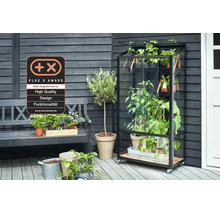 Ein mobiles Gewächshaus mit Glasfront und Holzregalen auf einer Terrasse, ausgezeichnet mit dem Plus X Award für hohe Qualität und Funktionalität.