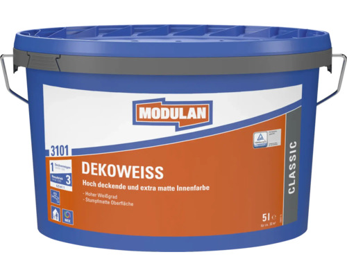 Modulan Dekoweiss 3101 Innenfarbe, hochdeckende Wandfarbe für innen in 5 Liter Eimer mit mattem Finish und TUV Rheinland Emissionssiegel.