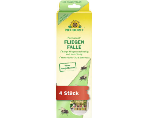 Neudorff Permanent Fliegenfalle als 3D Klebefalle zur Bekämpfung von Fliegen ohne Insektizide, Packung mit vier Stück.