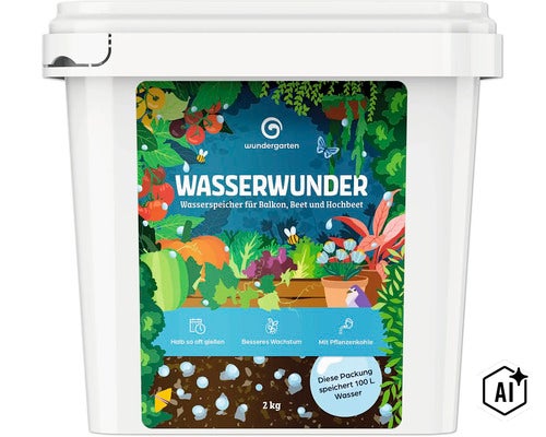 Wundergarten Wasserwunder Wasserspeicher 2 Kilogramm Eimer für Balkon, Beet und Hochbeet zur Pflanzenbewässerung. (Image AI modified or generated)