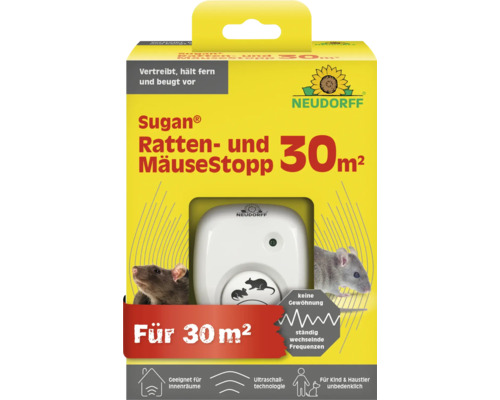 Neudorff Sugan Ratten- und MäuseStopp Ultraschallgerät zur Schädlingsabwehr in Innenräumen für bis zu 30 Quadratmeter Reichweite.