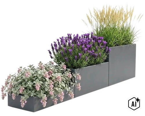 Drei gestufte Pflanzkübel in einer Reihe mit verschiedenen Gartenpflanzen wie Lavendel und Gräsern. (Image AI modified or generated)