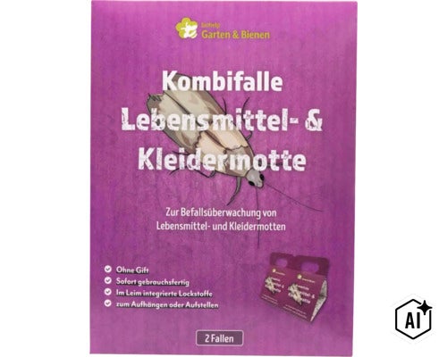 Biohelp Kombifalle gegen Lebensmittel und Kleidermotten zur Befallsüberwachung mit zwei Klebefallen ohne Gift für den Haushalt. (Image AI modified or generated)