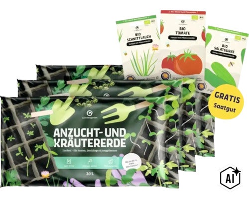 Anzuchterde und Kräutererde im Beutel mit kostenlosem Bio Saatgut für Tomaten, Schnittlauch und Salatgurken. (Image AI modified or generated)