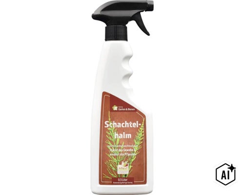 Biohelp Schachtelhalm Pflanzenstärkungsmittel in einer 0,5 Liter Sprühflasche zur natürlichen Kräftigung von Pflanzen. (Image AI modified or generated)