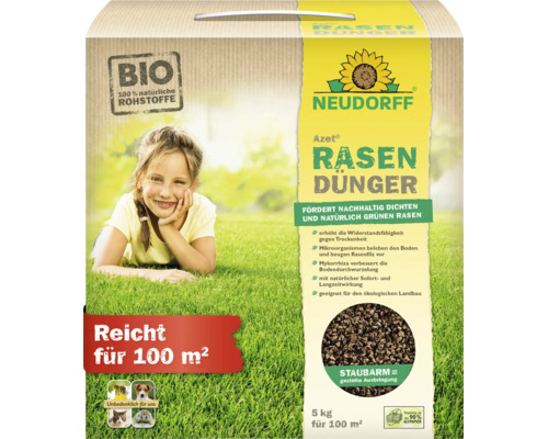 Neudorff Azet Rasendünger in der 5 Kilogramm Packung für 100 Quadratmeter Rasenfläche mit biologischen Inhaltsstoffen für einen gesunden Rasen.