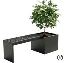 Gartenbank mit integriertem Pflanzkübel aus Metall mit kleiner Feigenpflanze (Image AI modified or generated)