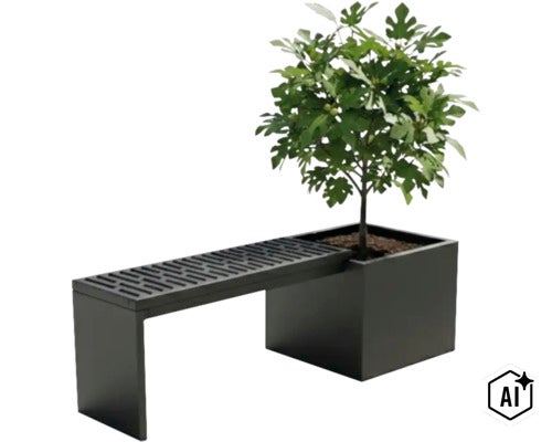 Gartenbank mit integriertem Pflanzkübel aus Metall mit kleiner Feigenpflanze (Image AI modified or generated)