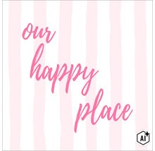 Wandbild mit dem Schriftzug Our happy place und vertikalem Streifenmuster (Image AI modified or generated)